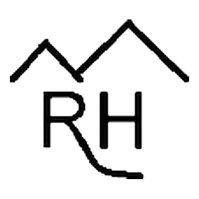Red Horse Mountain Ranch brand: The letters R H under two mountain peaks, the R's leg trailing into a curved line beneath