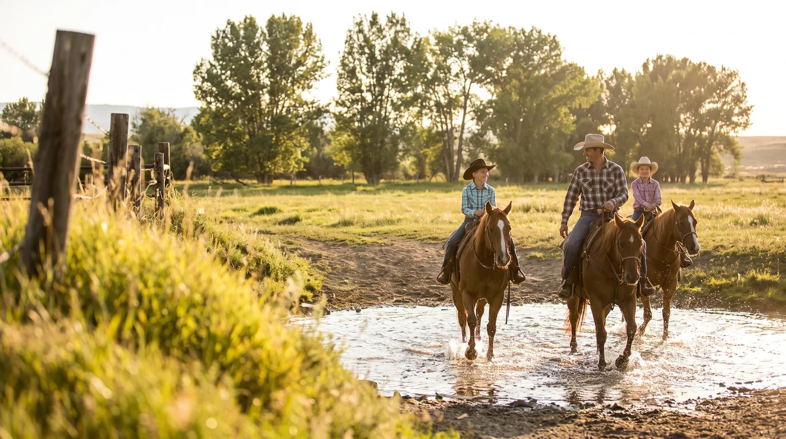 A parent and two kids riding horses across a shallow creek.