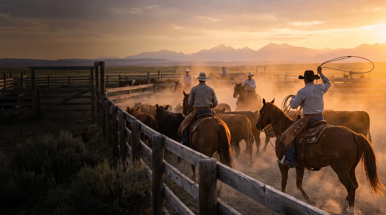 Riders sorting cattle in a dusty corral at golden hour.