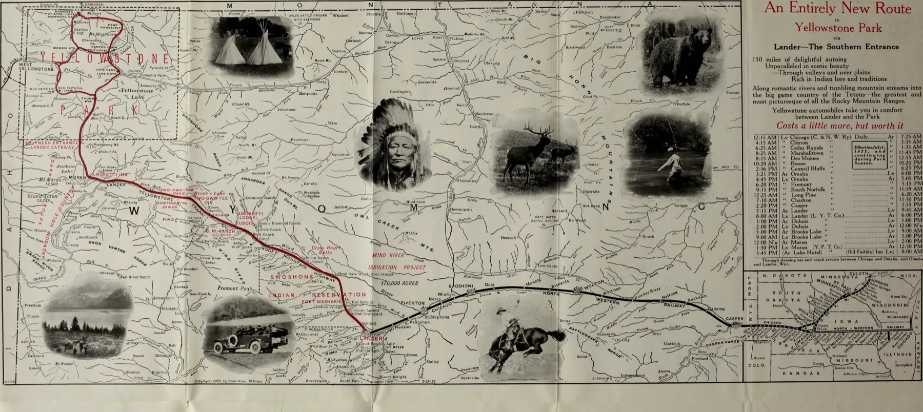 A railroad brochure map tracing a red route across Wyoming to Yellowstone, framed by small photographs of camp life and a bucking horse.