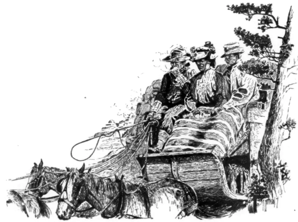 Pen drawing of a cowboy driving a buckboard with a well-dressed Eastern woman beside him.
