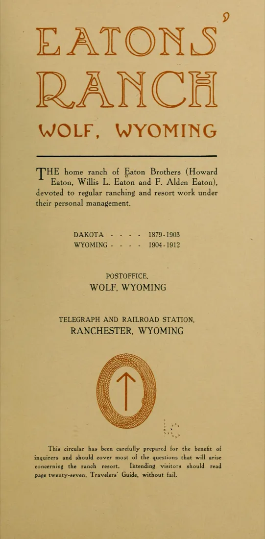 Title page of the 1912 Eatons' Ranch brochure, listing Dakota 1879 to 1903 and Wyoming 1904 to 1912.