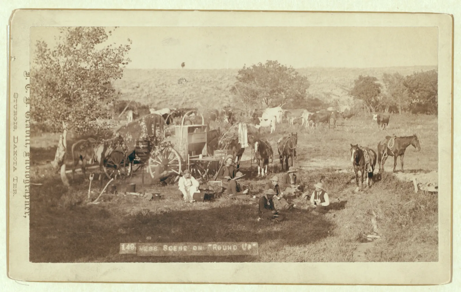 Cowboys sitting on the ground eating near a chuck wagon on open range, with horses grazing behind.
