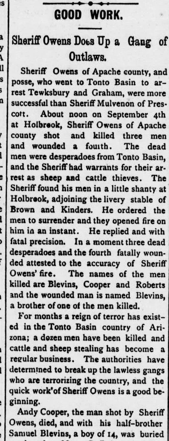 Old newspaper column headed Good Work, Sheriff Owens Does Up a Gang of Outlaws.