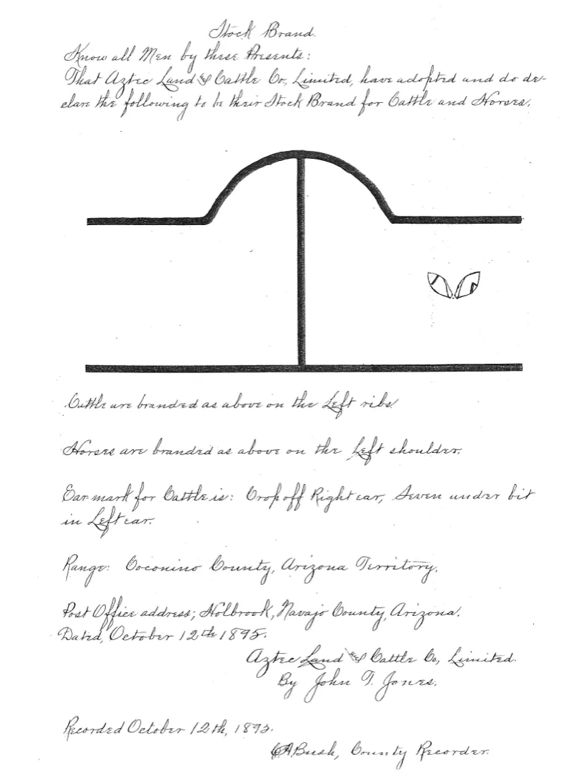 Handwritten brand registration with a drawing of the Hashknife brand, a curved blade over a straight handle.