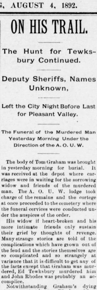 Old newspaper column headed On His Trail, The Hunt for Tewksbury Continued, August 4, 1892.