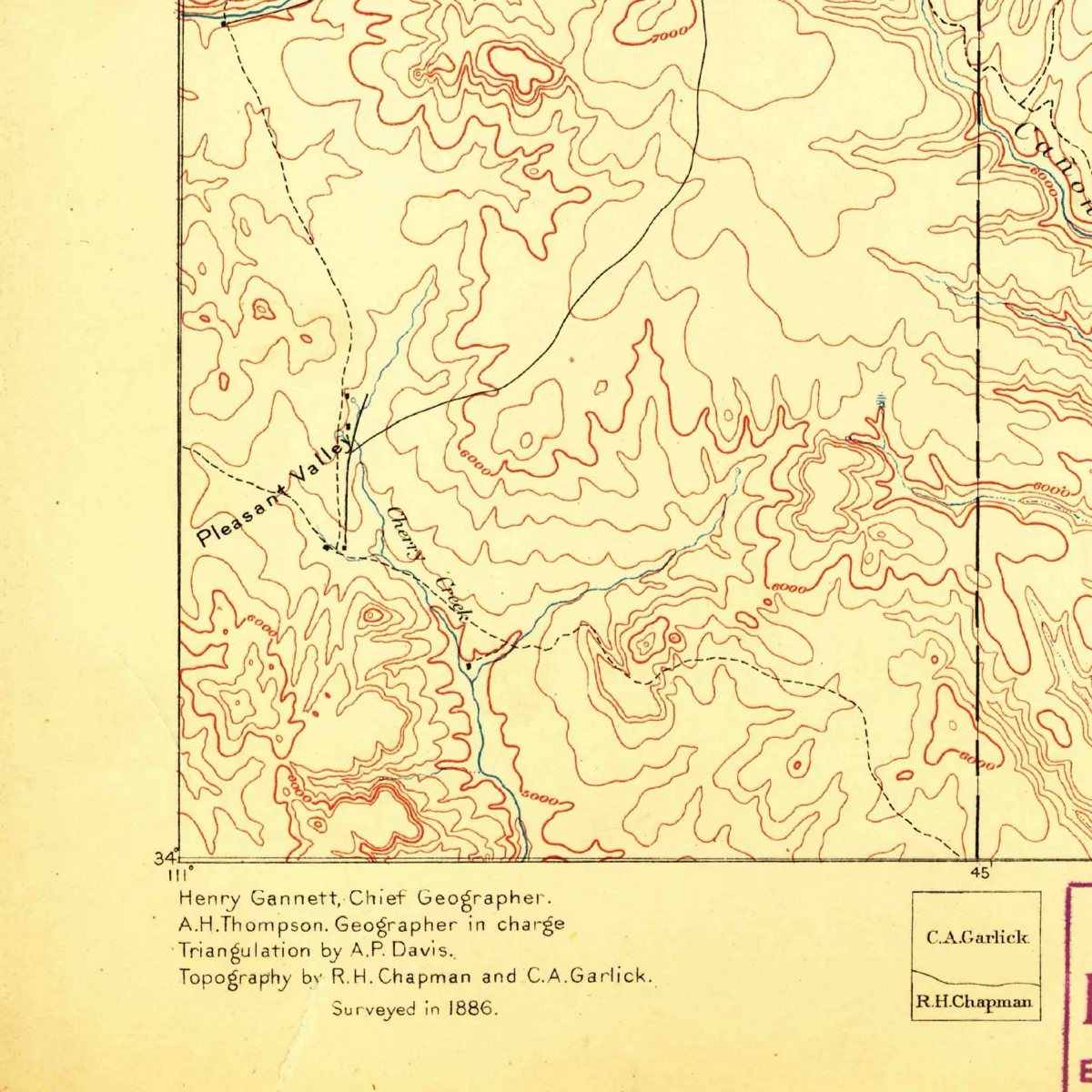 Detail of an old contour map with Pleasant Valley and Cherry Creek labeled, and the line Surveyed in 1886 at the bottom.