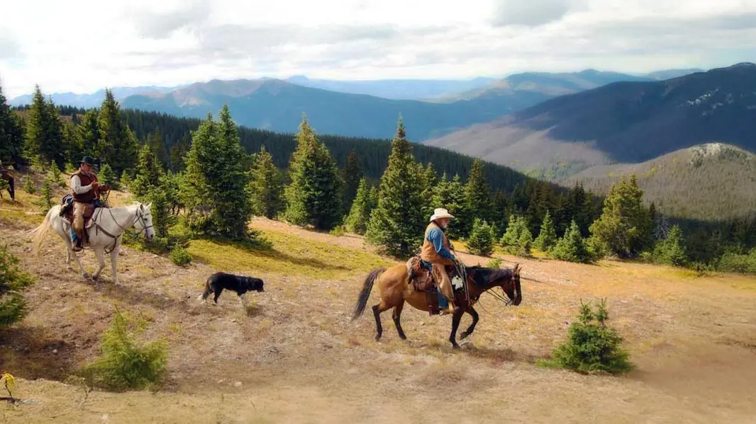 Two riders and a dog crossing a mountain meadow above a forested valley.