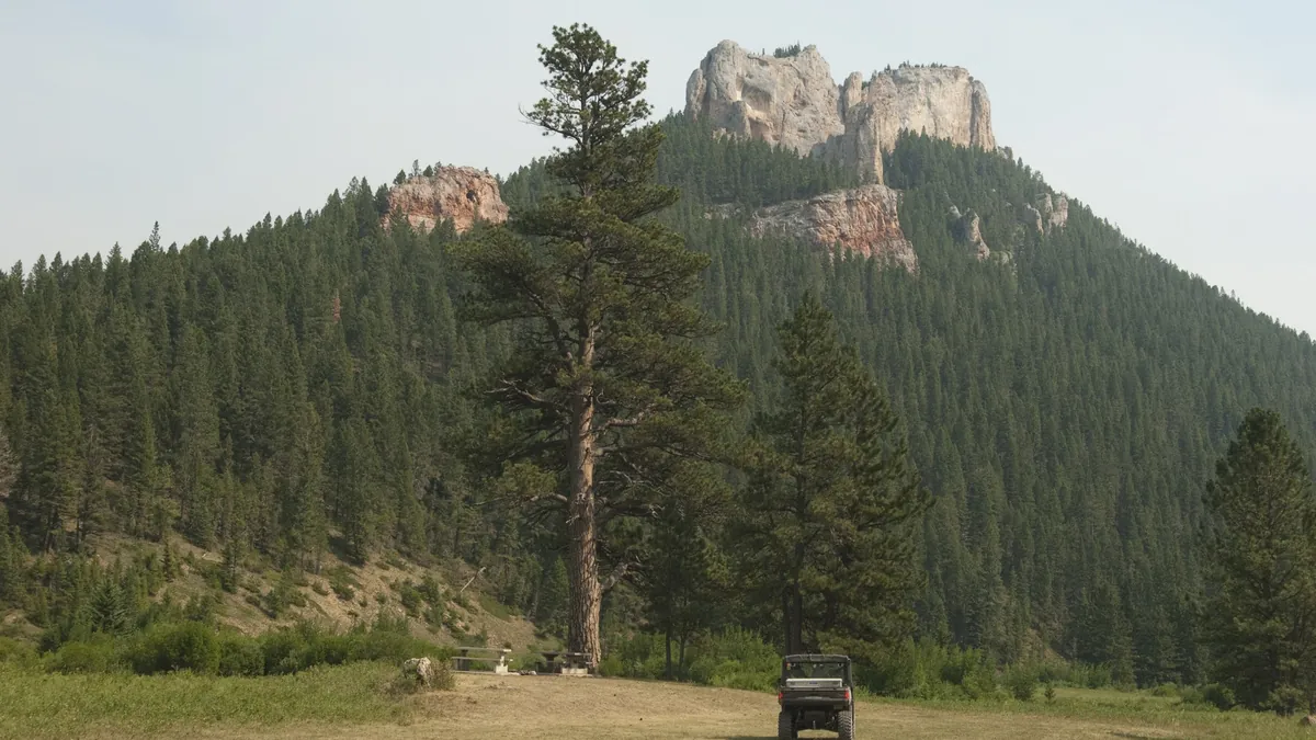 A UTV in a mountain meadow below a pine-covered peak with rock cliffs.