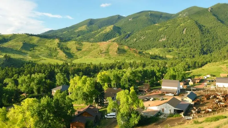 The ranch buildings and corrals in a green valley below forested hills.