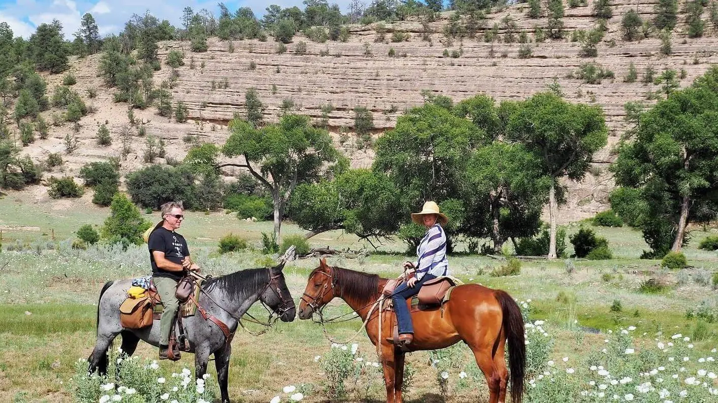 Two riders stopped in a green meadow below a layered rock canyon wall.