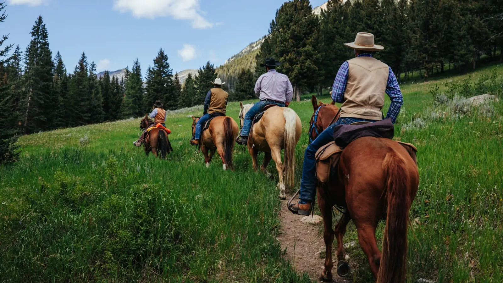 A line of riders following a trail through a green mountain meadow.