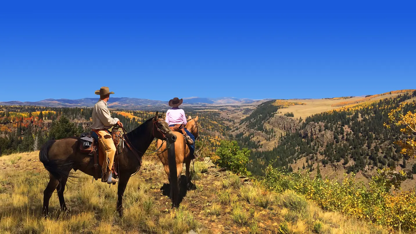 Two riders stopped on a ridge above golden aspens and a wide valley.