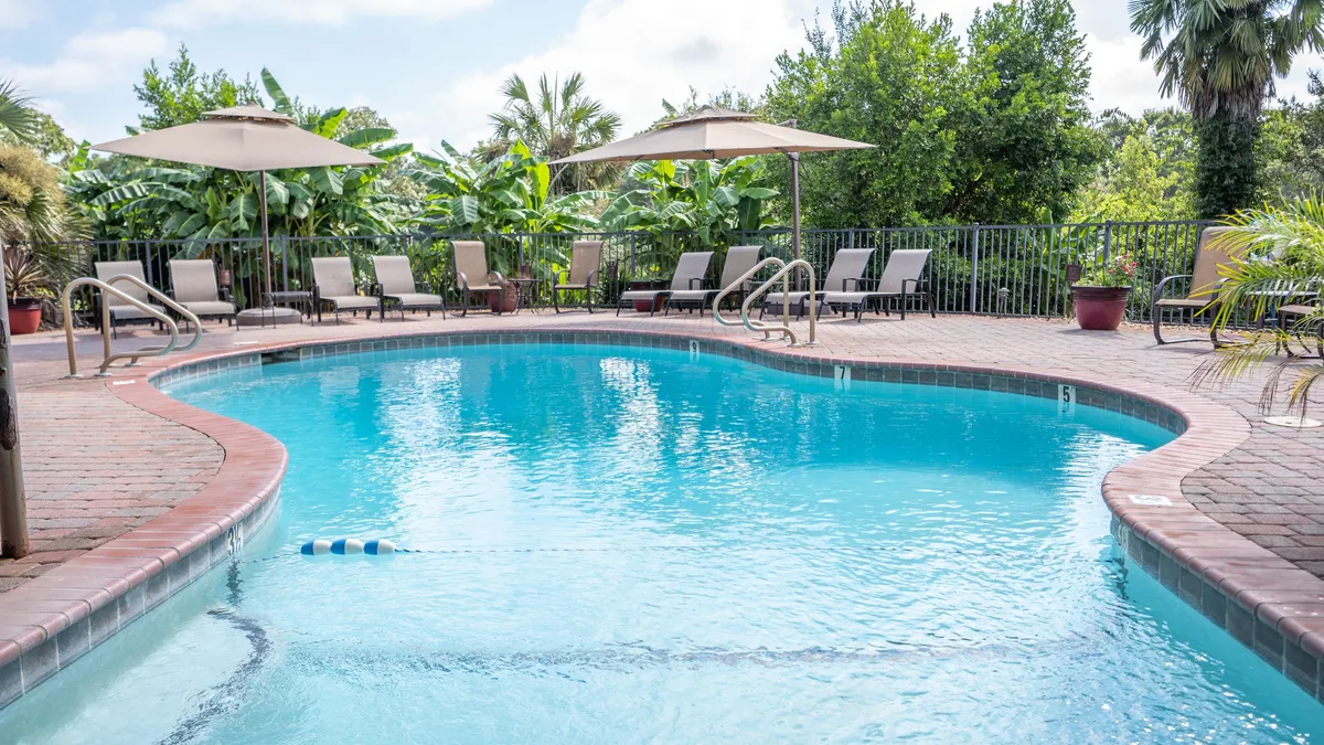 The pool, with umbrellas and lounge chairs among palms and banana plants.