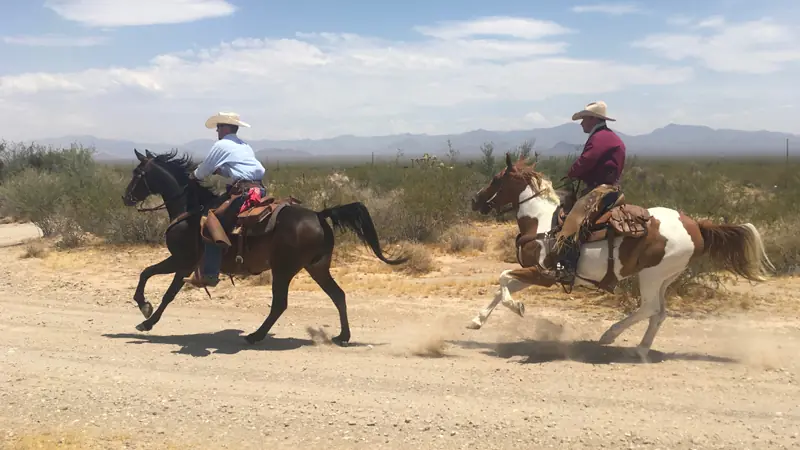 Two riders loping their horses along a sandy desert track.