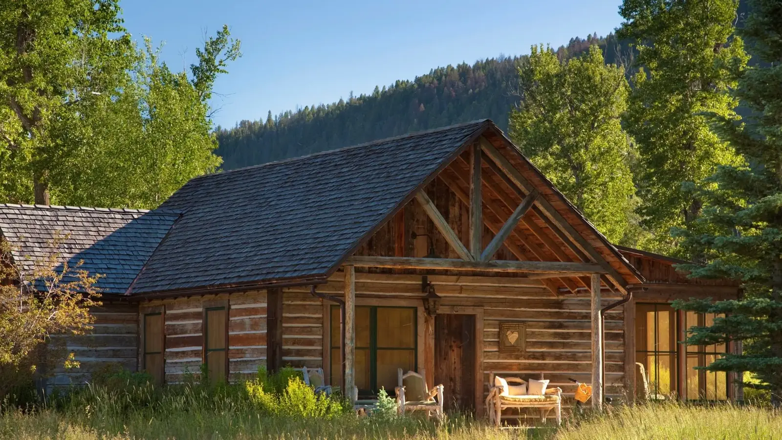 A log cabin with a covered porch among aspens and pines.