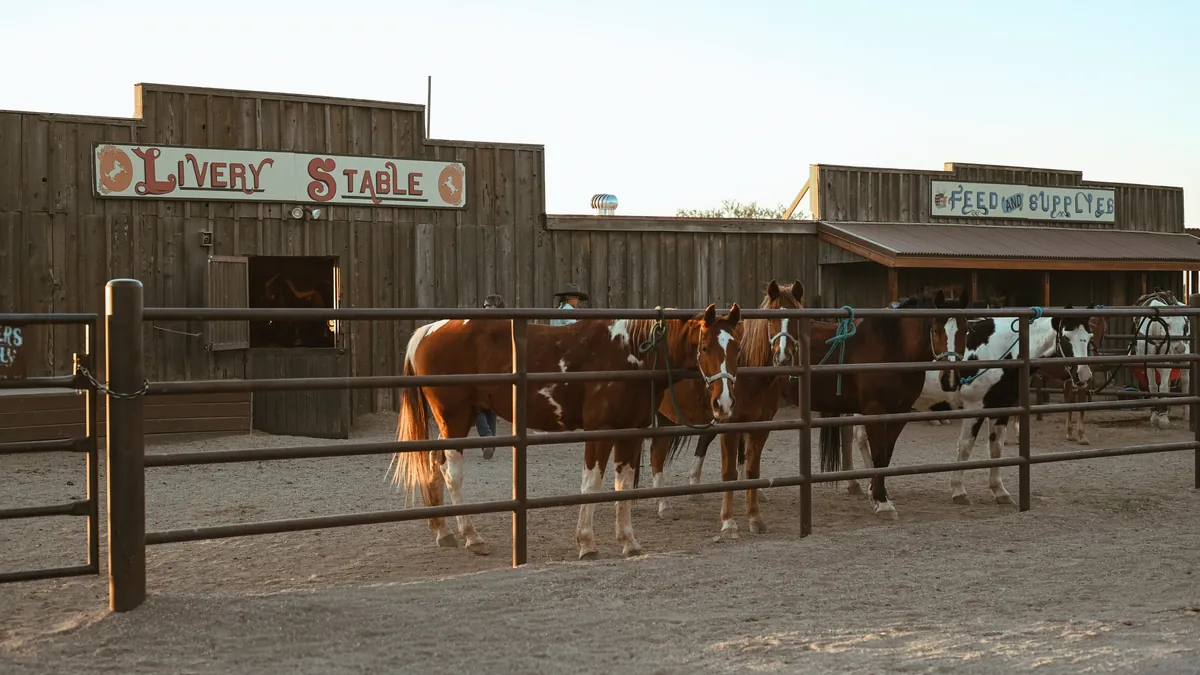 Saddled horses tied at a rail in front of the livery stable.
